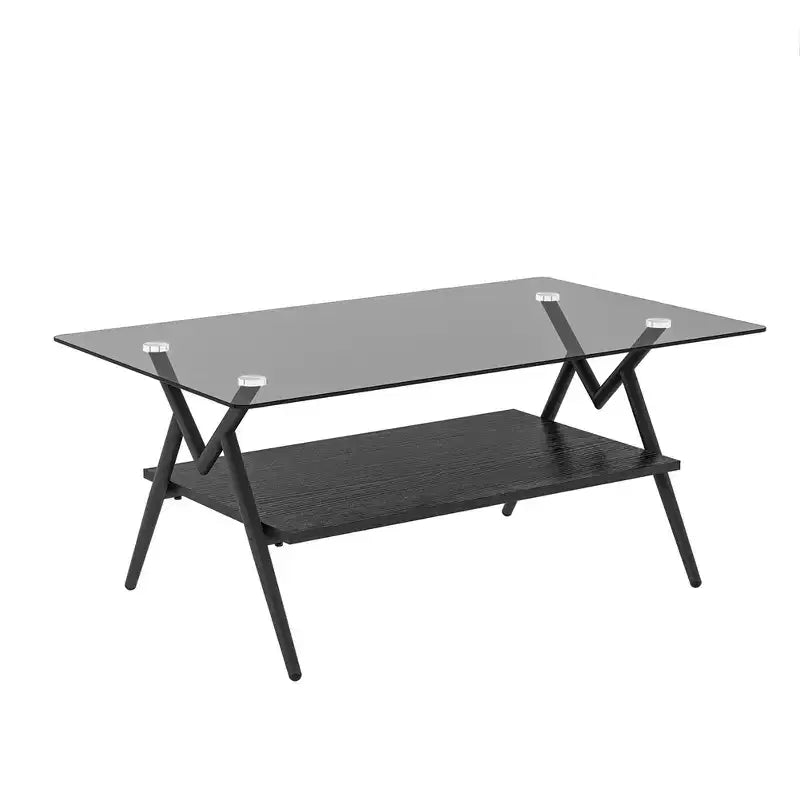Modern Glass Coffee Table Rectangular Tempered Top Black Metal Legs Easy Assembly for Living Room Office or Contemporary Spaces