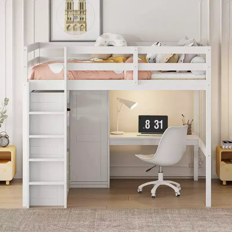 Clihome Wood Full Size Loft Bed with Built-in Wardrobe Desk Storage Shelves and Drawers