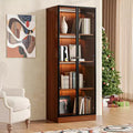 ATJafurn Brown 23.6''4-Tier China Display Cabinet Mid Century Modern Wooden China Storage Hutch Dining Shelf with Glass Door for Home & Office