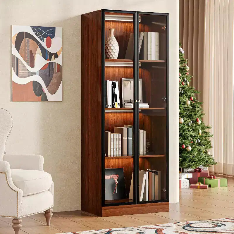 ATJafurn Brown 23.6''4-Tier China Display Cabinet Mid Century Modern Wooden China Storage Hutch Dining Shelf with Glass Door for Home & Office