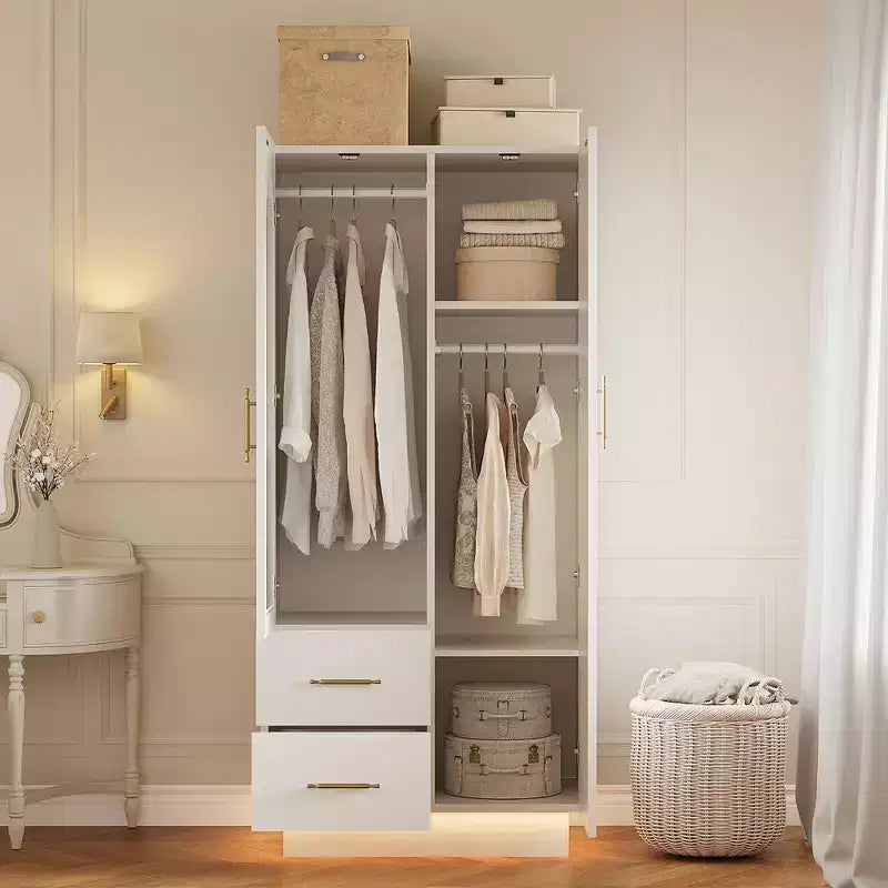COZONY White Armoires 2 Door Storage Cabinet with Glass Door and Drawers Tall Wooden Organizer with Hanging Rods