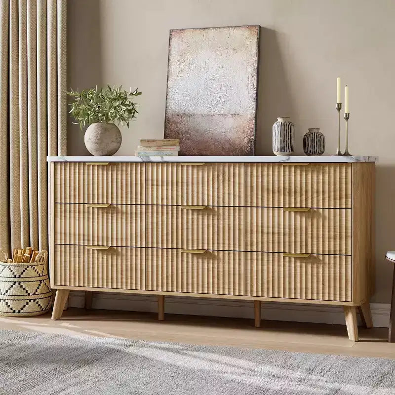 Fluted 9-Drawer Dresser 60.6 Wide Wood Chest of Drawers with Deep Storage for Bedroom Living Room or Hallway Use
