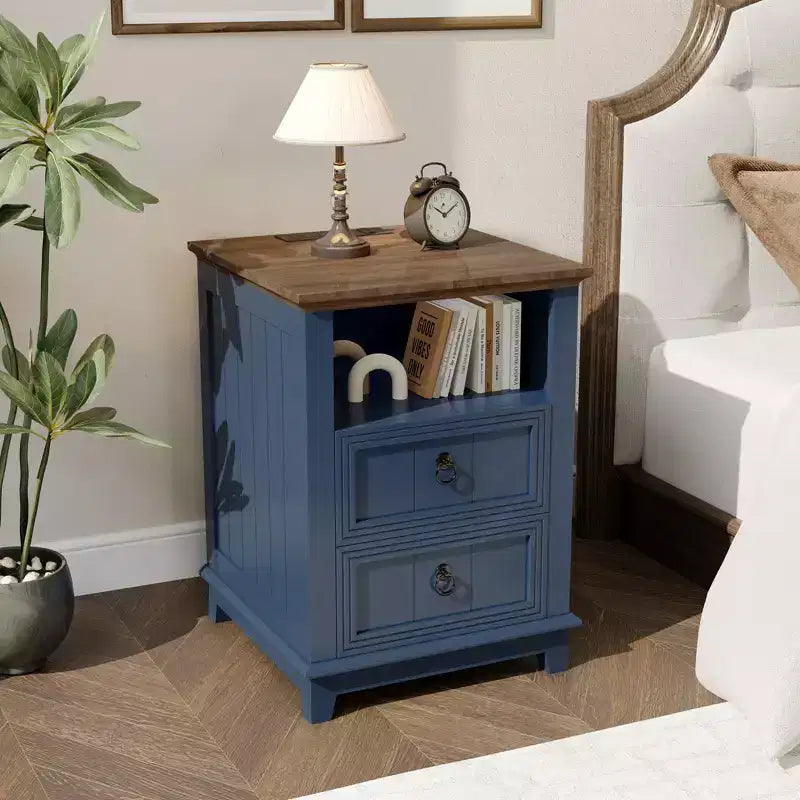 COZONY Modern Nightstand Wooden Bedside Table w/ Two Drawers Shelf & Fluted Detail