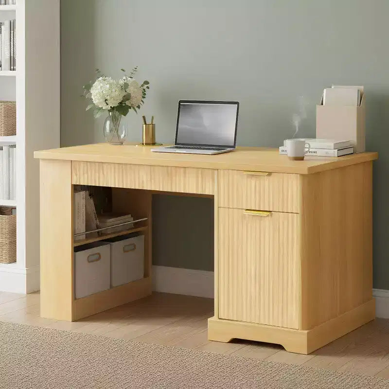 Okak Modern Fluted Wood Computer Desk with Cabinet & Pegboard & Keyboard Tray Fashionable Storage Writing Desk for Office Study