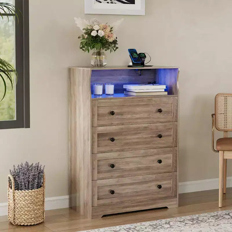COZONY 4 Drawer Wooden Dresser with LED Lights & Charging Station Modern Nightstand & Storage Organizer