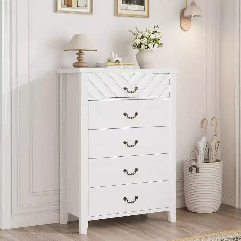 Farmhouse 5 Drawer Dresser for Bedroom Tall Wood Dresser Vertical Chests of Drawers with Storage Freestanding for Living Room