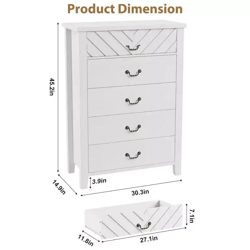 Commode champêtre à cinq tiroirs, idéale pour les chambres à coucher