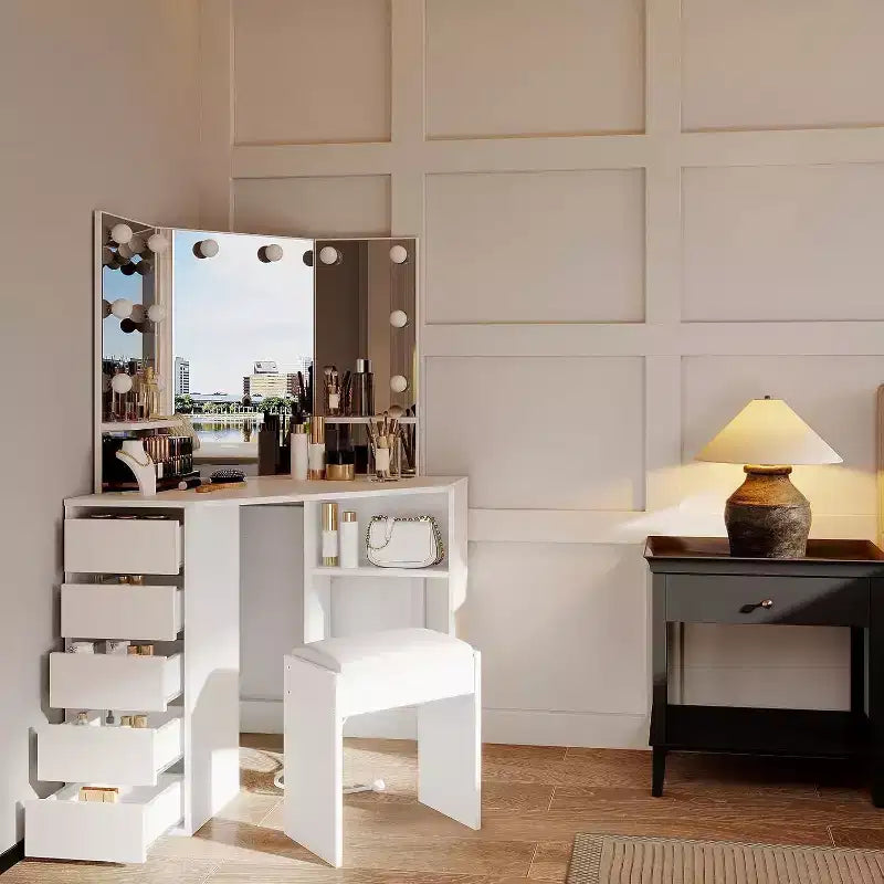 Corner Vanity Desk with Mirror Makeup Dressing Table with 3 Color Modes & Dimmable Bulb Lights 5 Drawers & Open Shelves Cushioned Stool White