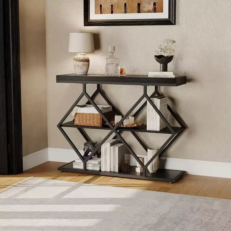 COZONY 39 Narrow Entryway Console Table with 3-Tier Open Storage Industrial Sofa Table with Diamond Metal Frame for Hallway & Foyer