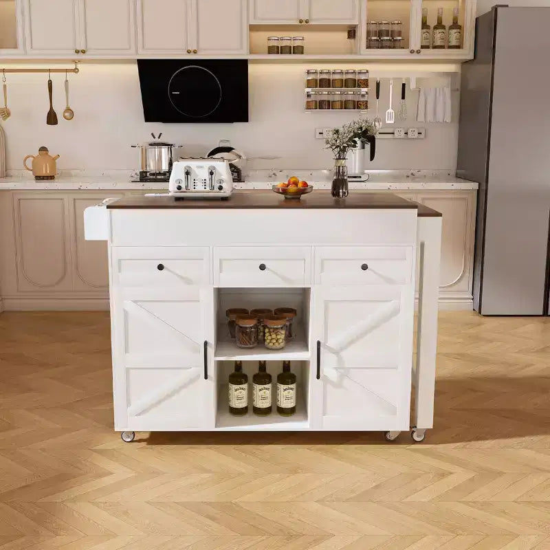 Ilot de cuisine extensible avec espace de rangement et roulettes