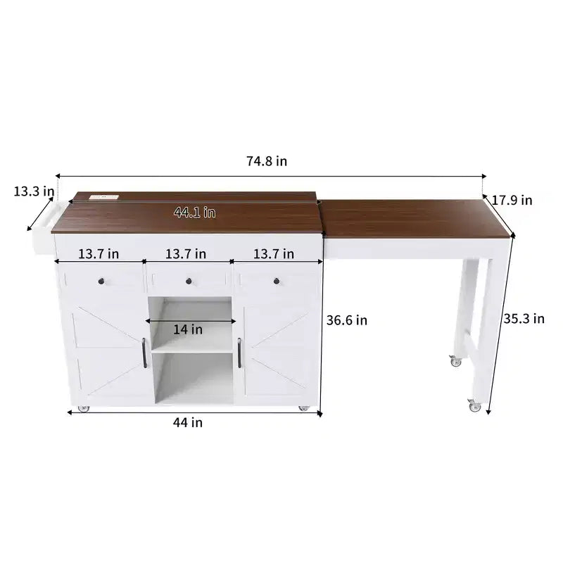 Ilot de cuisine extensible avec espace de rangement et roulettes