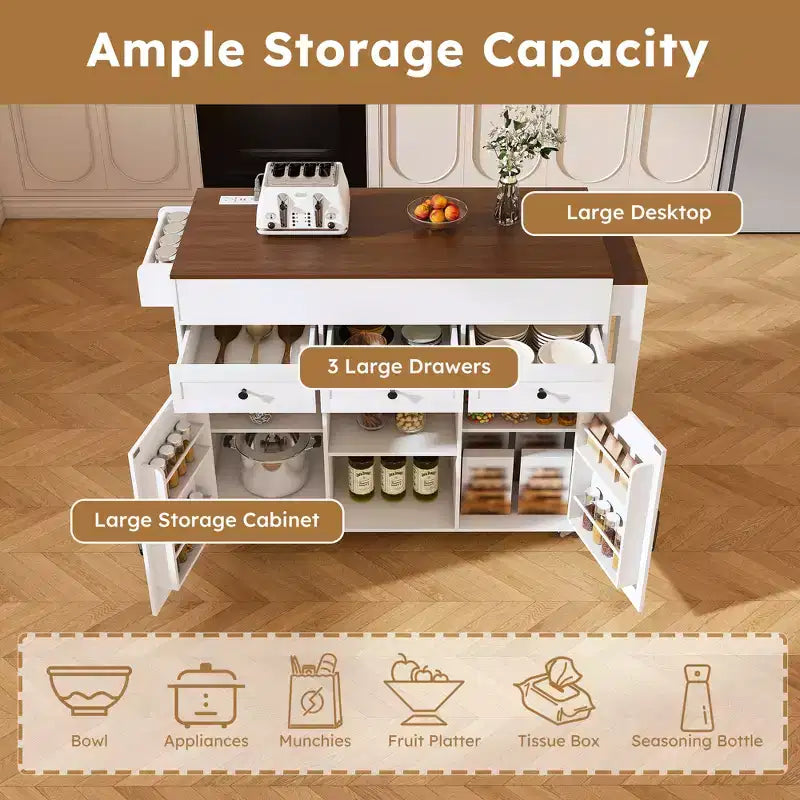 Ilot de cuisine extensible avec espace de rangement et roulettes