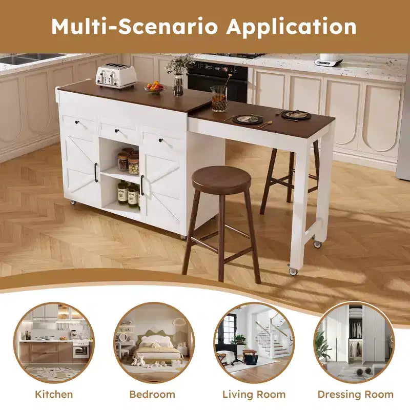 Ilot de cuisine extensible avec espace de rangement et roulettes