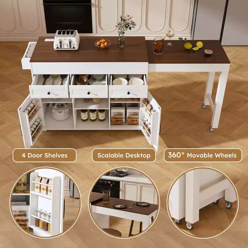 Ilot de cuisine extensible avec espace de rangement et roulettes