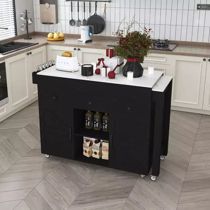 Ilot de cuisine extensible avec espace de rangement et roulettes