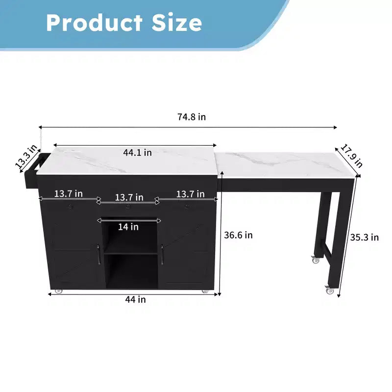 Ilot de cuisine extensible avec espace de rangement et roulettes