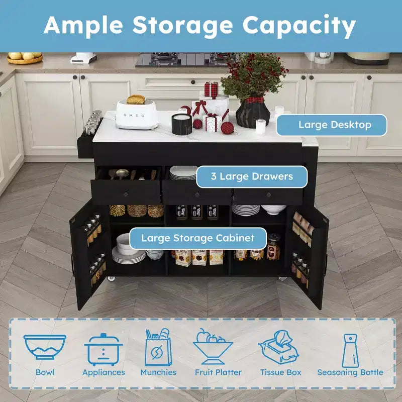 Ilot de cuisine extensible avec espace de rangement et roulettes