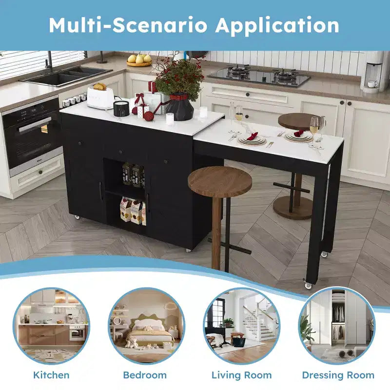 Ilot de cuisine extensible avec espace de rangement et roulettes