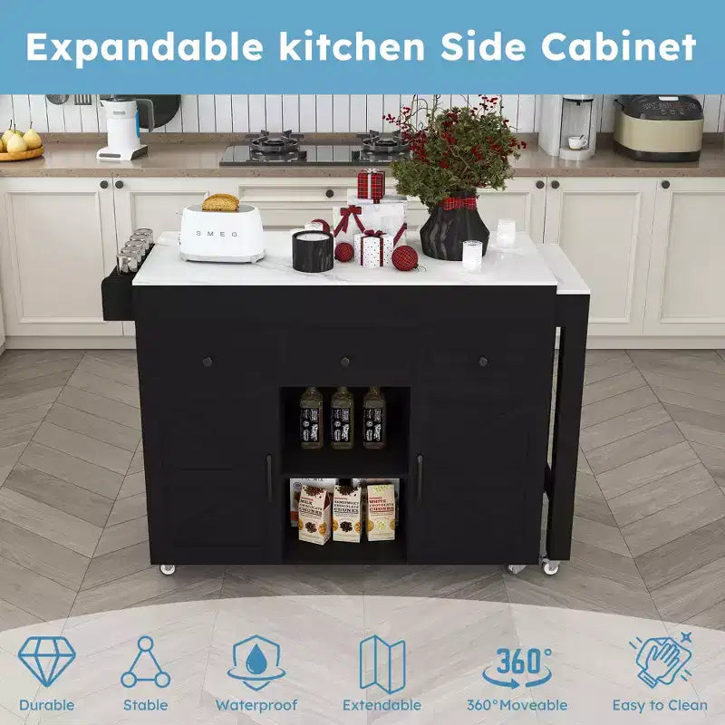Ilot de cuisine extensible avec espace de rangement et roulettes