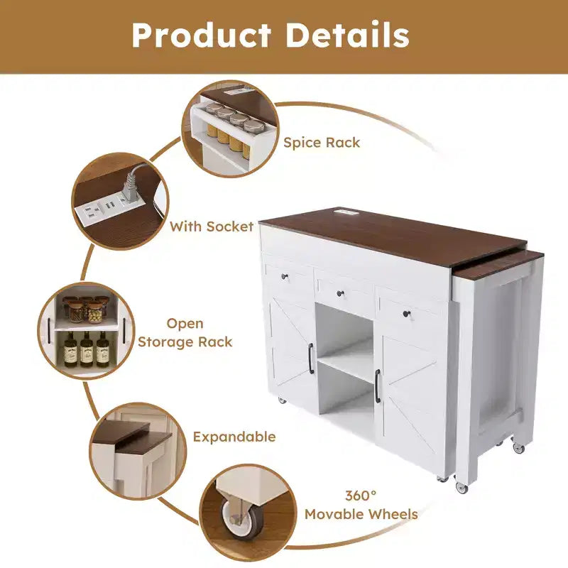 Ilot de cuisine extensible avec espace de rangement et roulettes