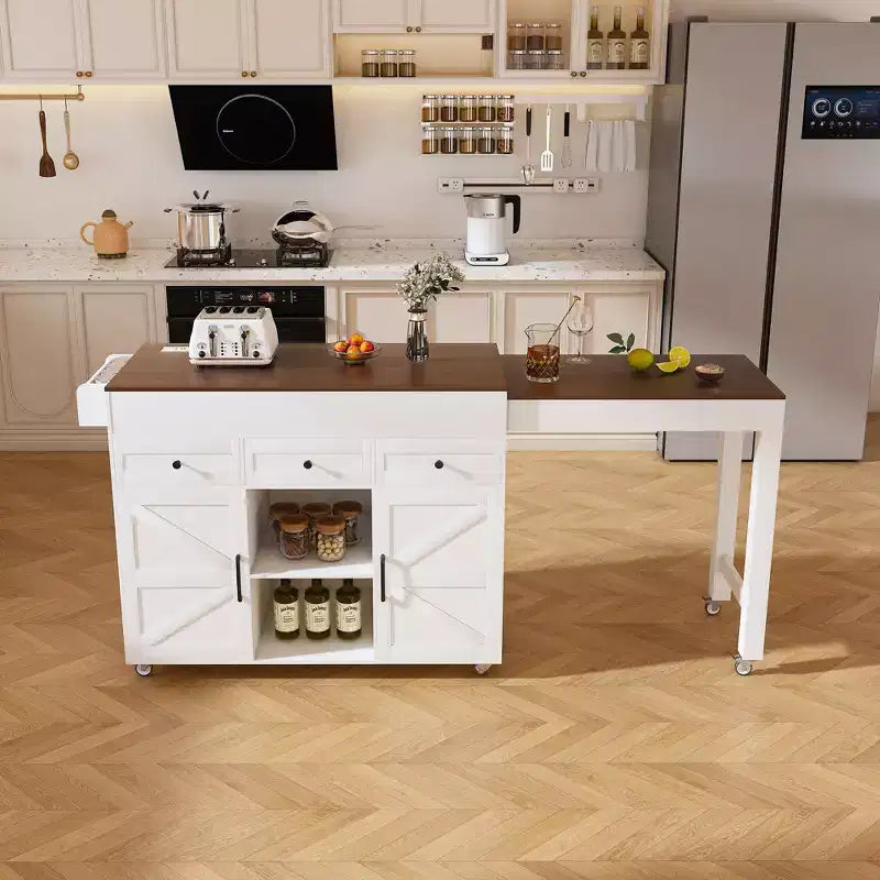 Ilot de cuisine extensible avec espace de rangement et roulettes