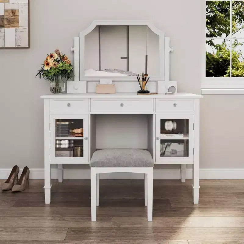 GDFStudio Teuvo Vanity Set Large Dressing Table with Swivel Mirror Stool Cabinet and 5 Drawers