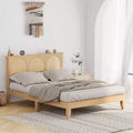 COZONY Boho Queen Bed Frame with Rattan Headboard & LED Lights Wood Platform Bed