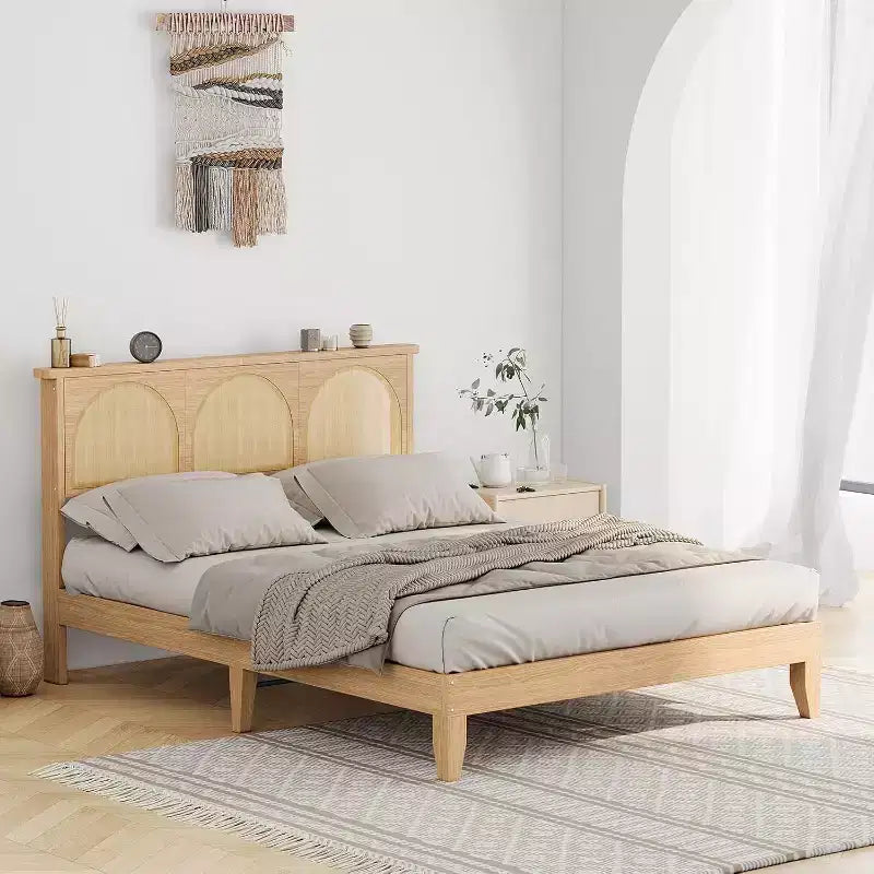 COZONY Boho Queen Bed Frame with Rattan Headboard & LED Lights Wood Platform Bed
