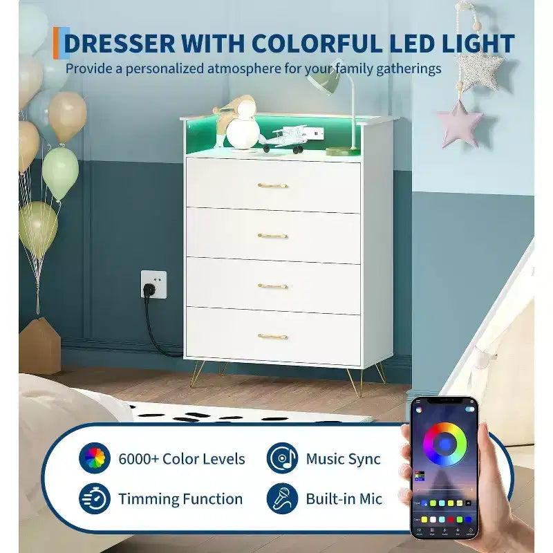 Une armoire intelligente à quatre tiroirs avec lumières LED RGB et chargement sans fil.