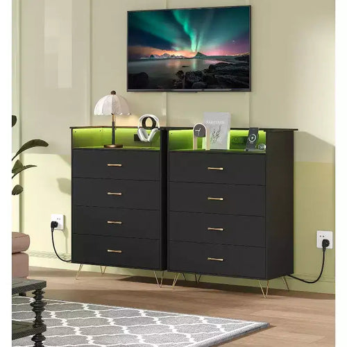 Une armoire intelligente à quatre tiroirs avec lumières LED RGB et chargement sans fil.