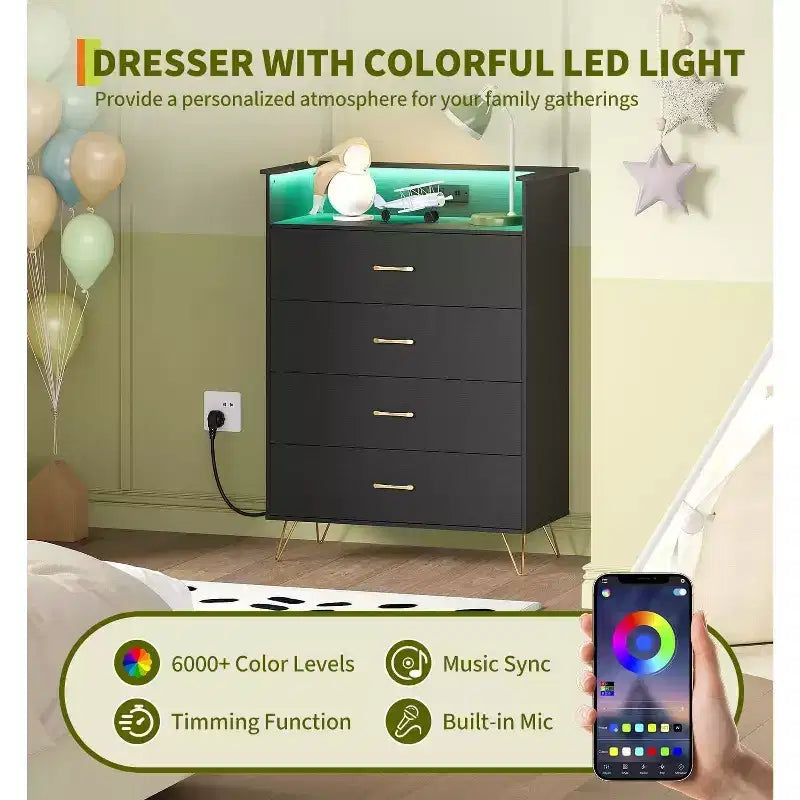 Une armoire intelligente à quatre tiroirs avec lumières LED RGB et chargement sans fil.