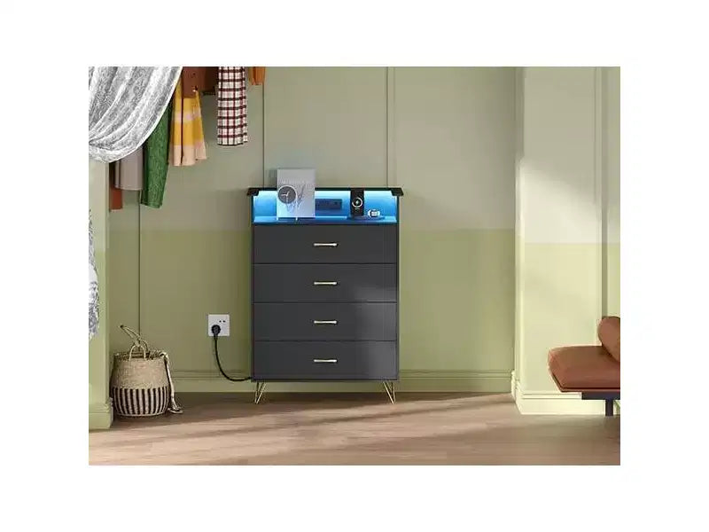 Une armoire intelligente à quatre tiroirs avec lumières LED RGB et chargement sans fil.