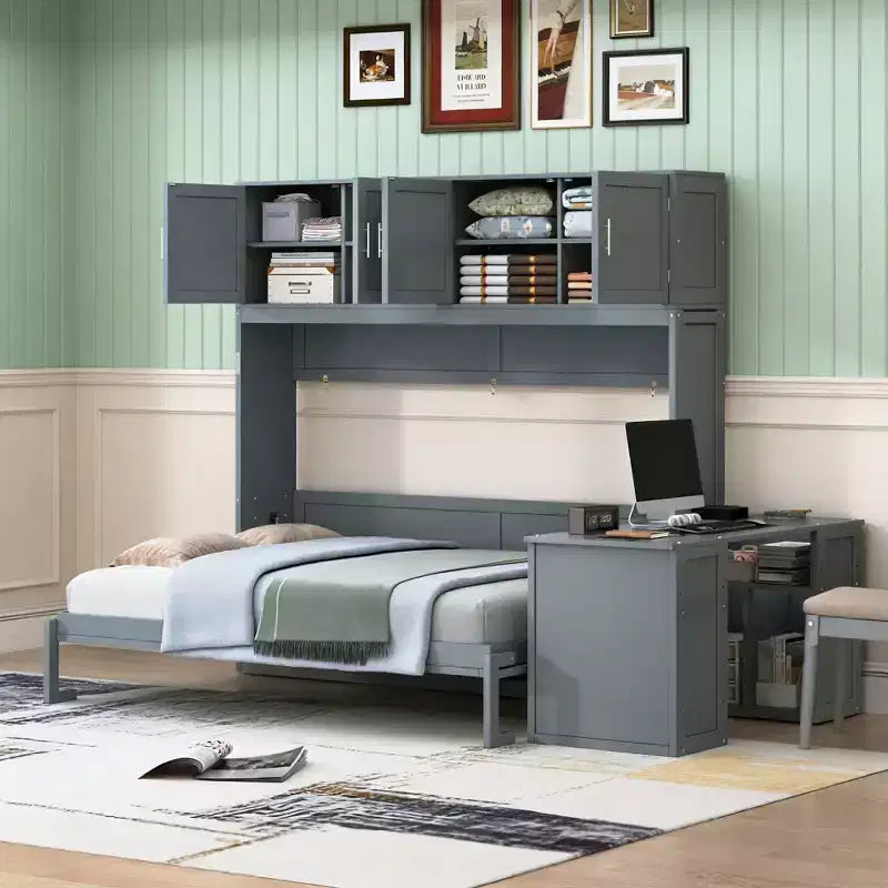 Luxystar Modern Queen Size Wall Murphy Bed with Hydraulic Mechanism Desk and 2 Storage Cabinets