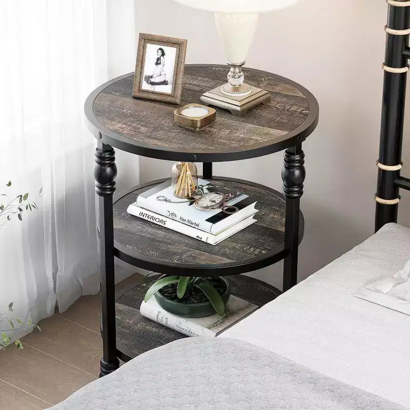Round End Table 3-Tier Side Table Living Room Accent Table with Storage Shelf and Metal Industrial Wood Bed Side Table/Night Stand for Bedroom