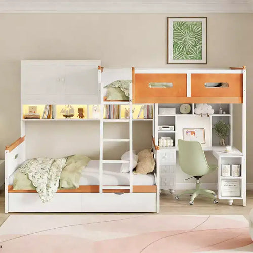 Luxystar Twin Over Full Storage Bunk Bed With Desk Drawers Lighted Bookcase and Cabinet White+Orange