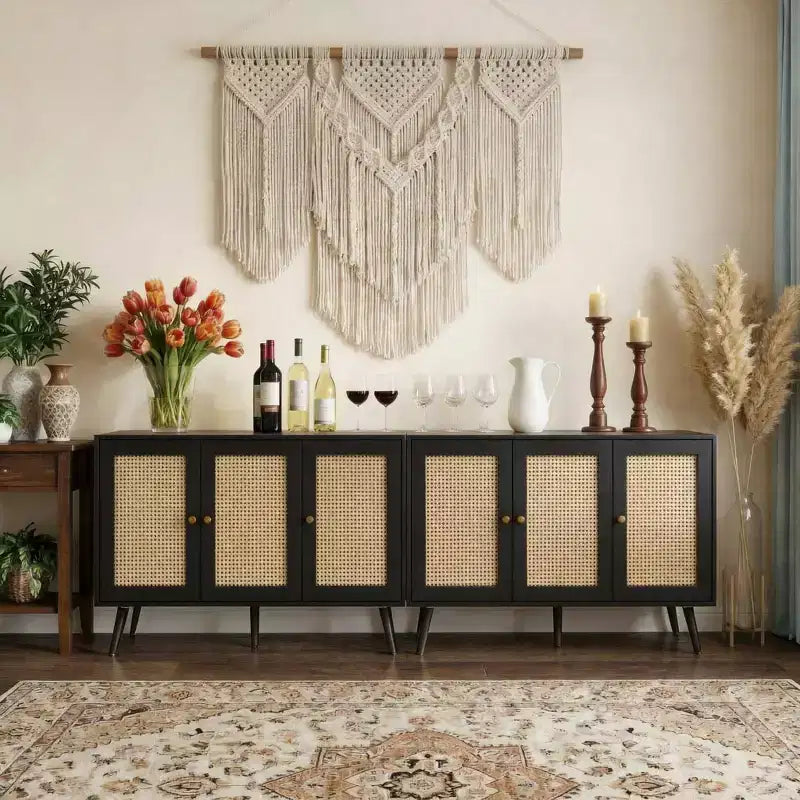 Set of 2 Modern Rattan Sideboard Buffet Cabinet 47.2 Farmhouse Credenza with Adjustable Shelves Coffee Bar Storage Cabinet