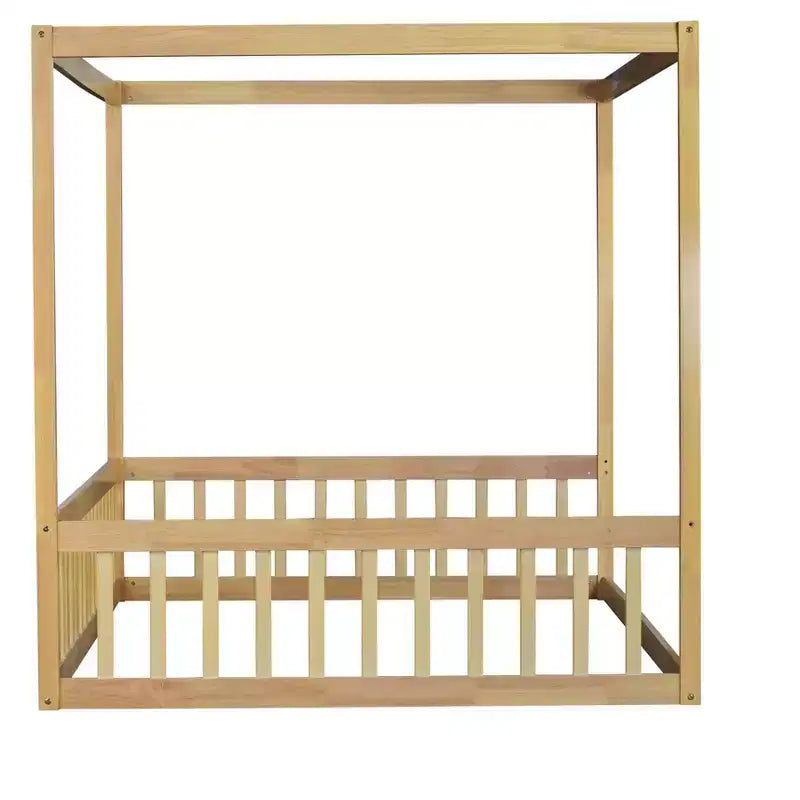 Lit au sol à baldaquin tout en bois avec barrière de sécurité