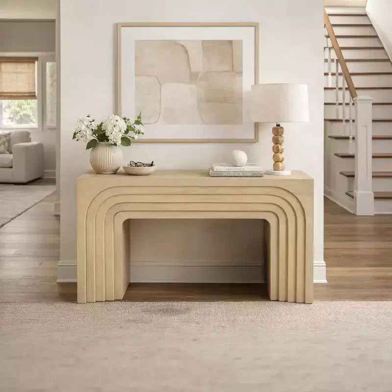 Royal Hampton Console Sofa Table 53 Inch Sculpted Arch Light Beige Mango Wood