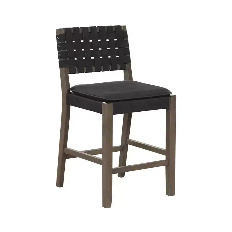 Nathan James Cohen Woven Faux Leather Counter Height Barstool Black: Rubberwood Frame Saddle Seat Stud Detail