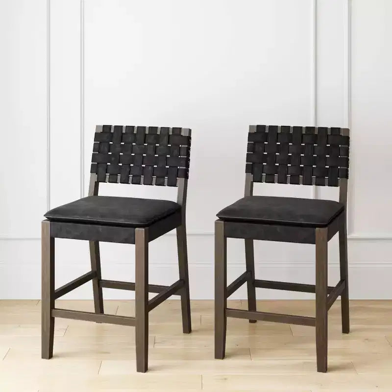Tabourets de bar en similicuir tressé noir