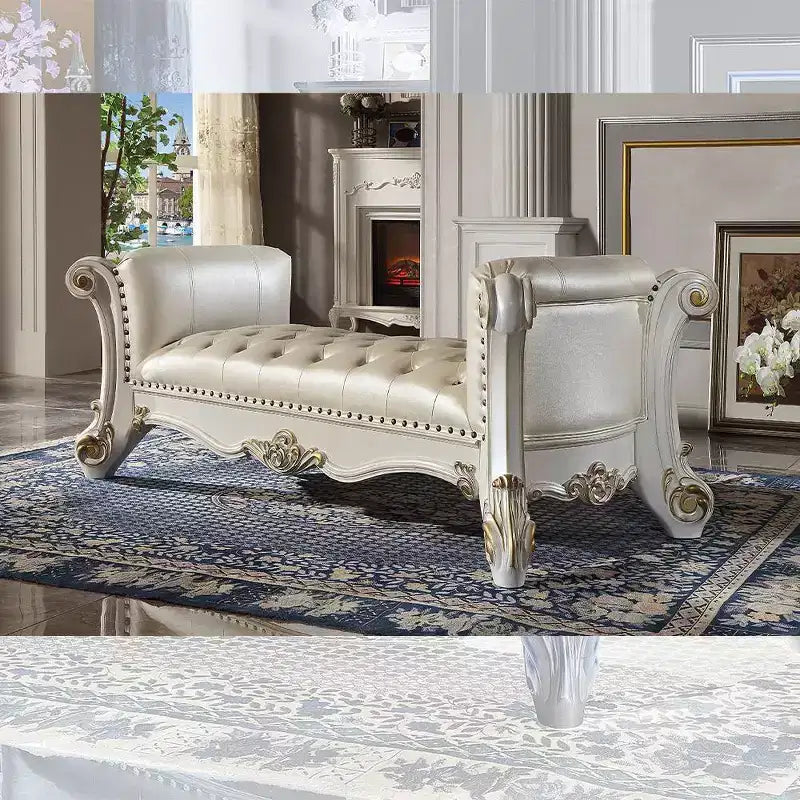 Acme Furniture 74" Vendome Ottoman and Bench Pearl Synthetic Leather and Antique Pearl Finish: Linen Upholstery Metal Legs No Tools Assembly