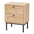 Baxton Studio Sherwin 2 Drawer End Table with Woven Rattan Accent Light Brown/Black: Mid-Century Storage Metal Base