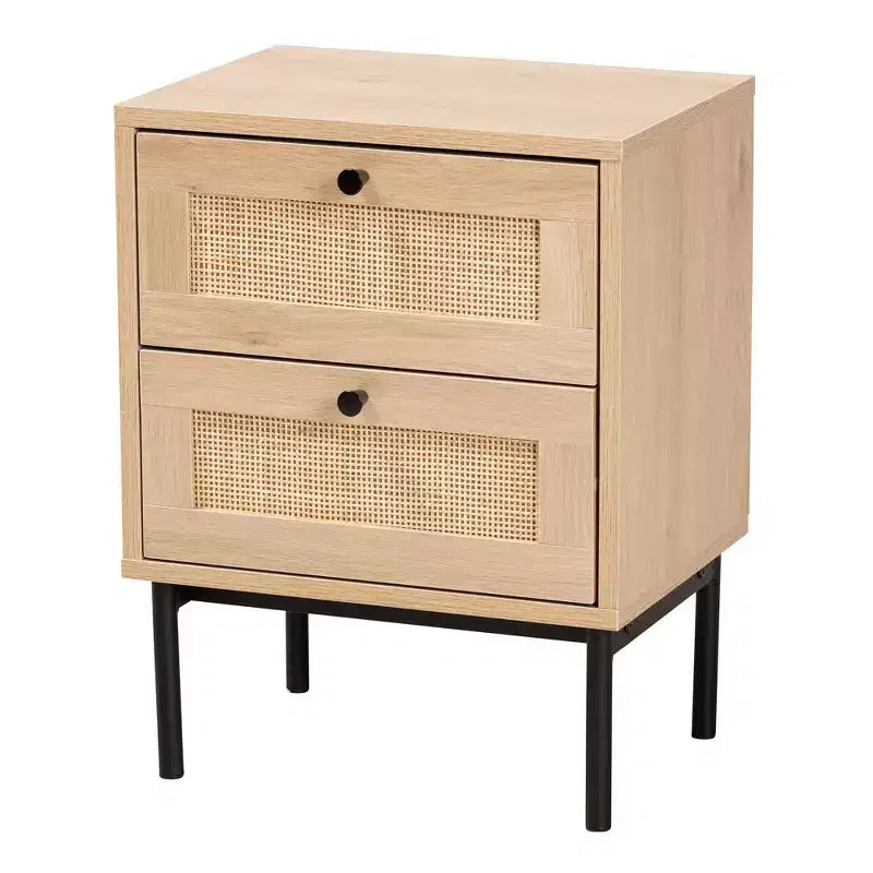 Baxton Studio Sherwin 2 Drawer End Table with Woven Rattan Accent Light Brown/Black: Mid-Century Storage Metal Base