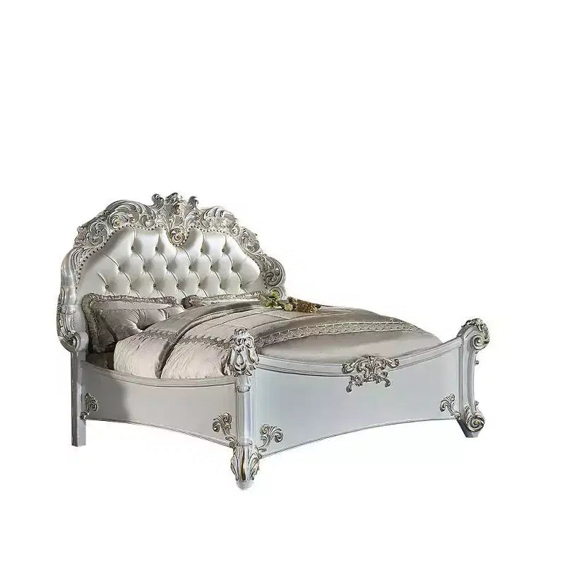 Grand lit (Queen) en similicuir et placage de bois sculpté