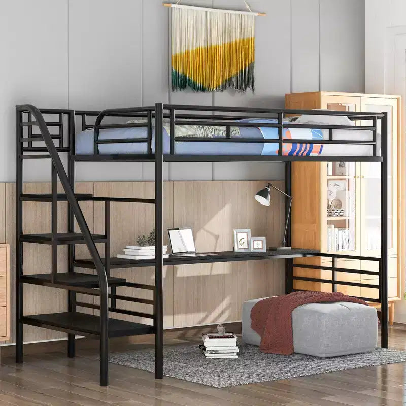 Metal Twin Size Loft Bed with Desk Black - ModernLuxe