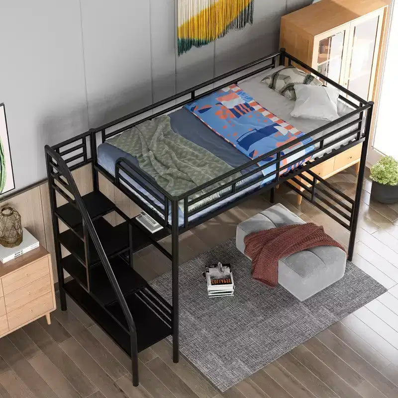 Lit mezzanine double en métal avec bureau Noir