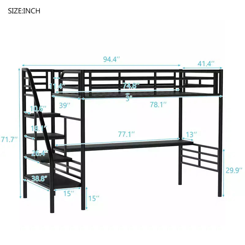 Lit mezzanine double en métal avec bureau Noir
