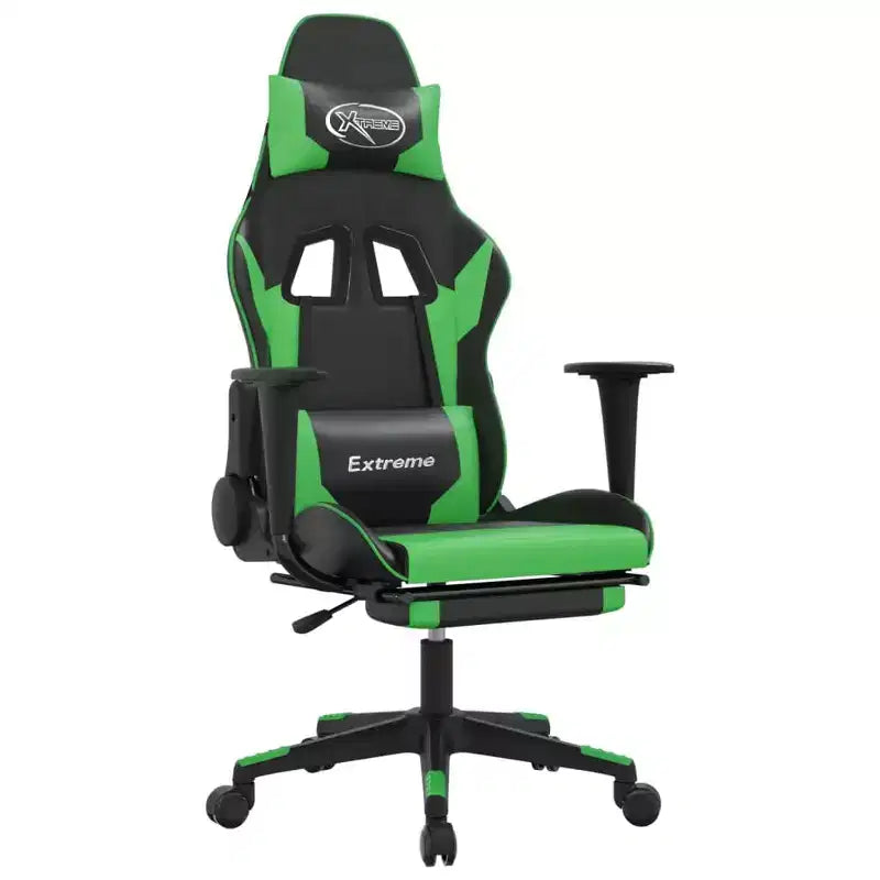 vidaXL Massage Gaming Chair with Footrest Black&Green Faux Leather